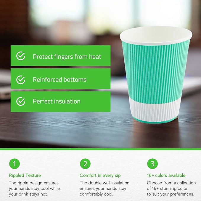 Restaurantware 12 Ounce Ripple Wall Disposable Coffee Cups, 500 Insulated Midnight Light Green Paper Tumblers with Rolled Rim Design, Lids Sold Separately for Hot Drinks like Tea, Hot Chocolate