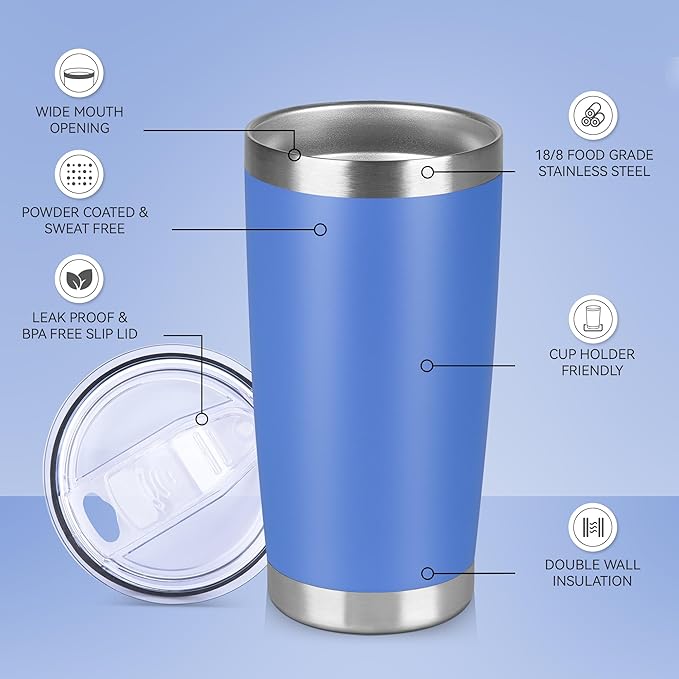 20 oz Tumbler Stainless Steel Tumblers Bulk with Lid Double Wall Insulated Coffee Tumbler Cups for Hot & Cold Drinks Powder Coated Travel Coffee Tumbler Mug Metal (Azure, 12 pack)