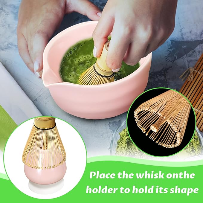 Matcha Set, 6 Pcs Matcha Whisk Set with 20 oz Bowl, Bamboo Whisk for Matcha Tea, Matcha Bowl, Ceramic Matcha whisk Holder, Stainless Sifter and Scoop - Gift for matcha kit Lovers（Pink）