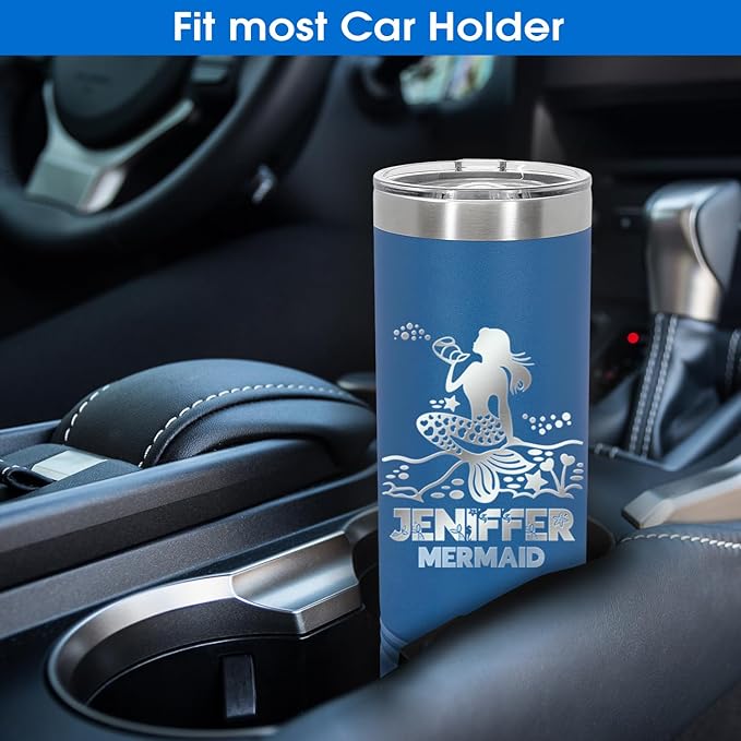 Personalized Skinny Tumbler 20oz with Slider Lid and Staw by iProductsUS - Personalized Laser Engraved Stainless Steel Custom Vacation Mug, 10 colors and 25 Designs, (Royal Blue)