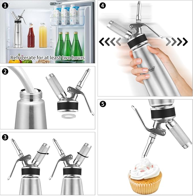 Professional Stainless Steel Cream Whipper, 500ml – For Perfect Whipped Cream, Dessert Mousses, Cocktails & More – Easy to Use & Clean (Stainless Steel 0.5L)
