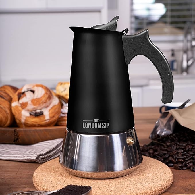 London Sip Stainless Steel Stovetop Espresso Maker Moka Pot Italian Coffee Percolator, Matte Black, Medium (10.14 oz)