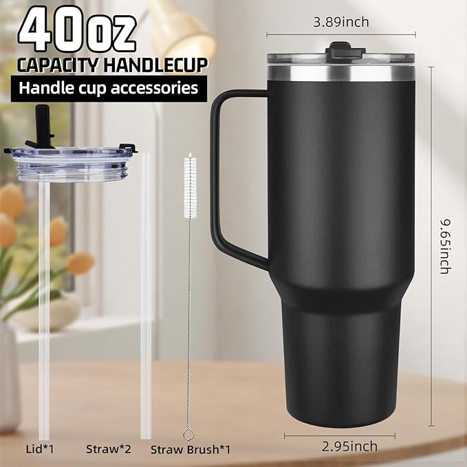 40 oz Tumbler with Handle and Flip Straw, 100% Leakproof Insulated Tumbler with Lid and Straw, Stainless Steel Travel Coffee Mug, Insulated Coffee Thermal Cup for Cold and Hot (Black)