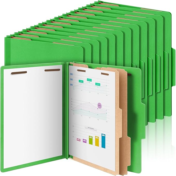 24 Pcs Classification Folders Letter Size Bulk - 2 Dividers Pressboard File Folder with 3. 5 Inch Expansion, 2 Prongs Fastener, Heavy Duty Office File Organizer for Teacher Medical (Green)