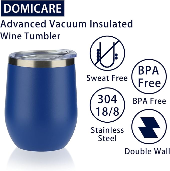 DOMICARE Stainless Steel Wine Tumbler Bulk with Lid, Personalized Insulated Tumblers Set, 12oz Travel Coffee Cups Pack of 12, Dark Blue