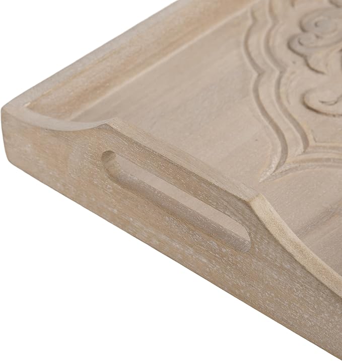 Kate and Laurel Adhira Carved Decorative Rectangle Tray, 24 x 10, Natural Wood, Traditional Display Tray with Handles and Hand Carved Wooden Pattern