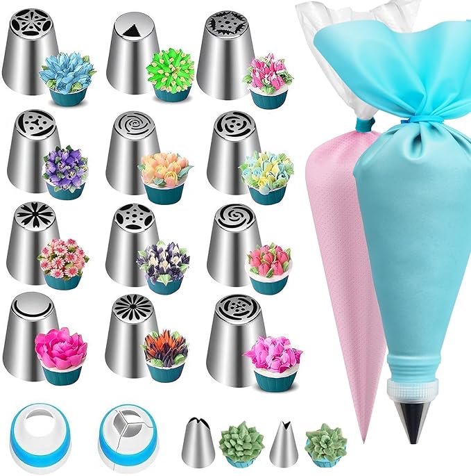 Russian Piping Tips Set – 12 Flower Frosting Nozzles, 2 Leaf Piping Tips, 2 Couplers, 20 Pastry Bags & 1 Reusable Bag – Large & Mini Russian Piping Tips for Cake Decorating, Cupcakes, Cookies