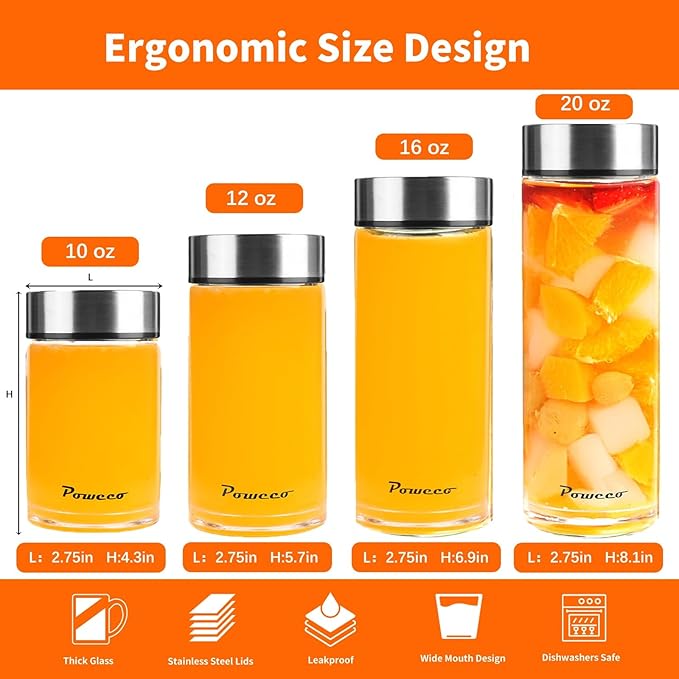 16oz Glass Juice & Water Bottles 6-Pack with Lids- Wide Mouth Reusable Borosilicate Glass- for Juicing, Smoothies, Protein Shakes, Blender & Shaker Bottle- Refillable & Dishwasher Safe(16 oz/500ml)
