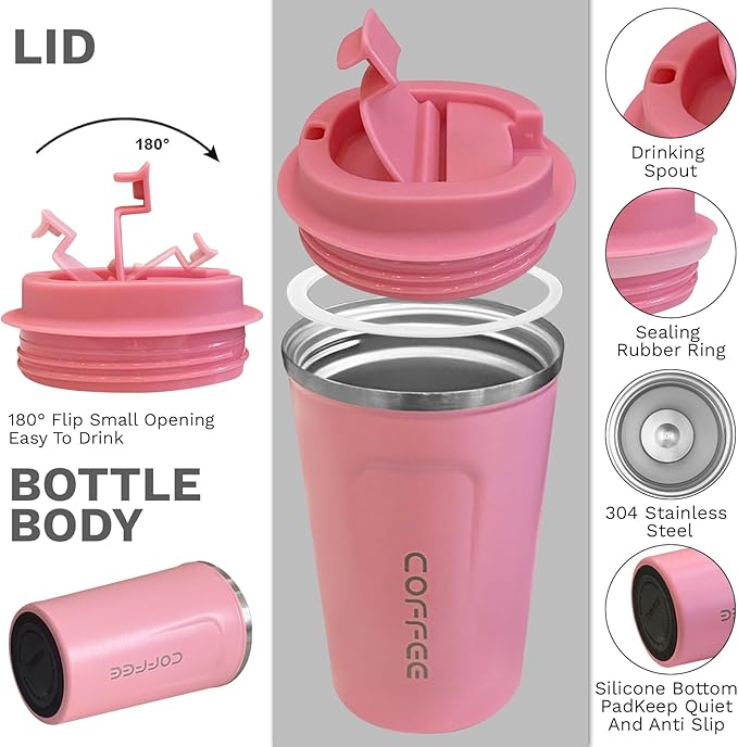 YINBAOGE Insulated Travel Coffee Mug Spill Proof Leak Proof Pobtable To Go Camping Stainless Steel Coffee Tumbler Reusable Coffee Cups with Lids Thermos for Hot and Cold Drink (2nd-Pink, 17 OZ)