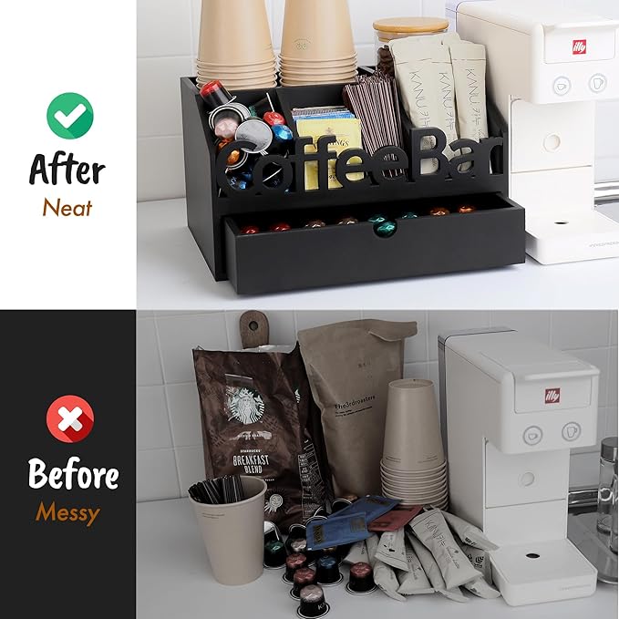 Coffee Bar Organizer for Countertop – Wooden Coffee Station with Black Drawer, Tea and K Cup Storage Rack, Coffee Pod Holder for Home and Office Counter Organization