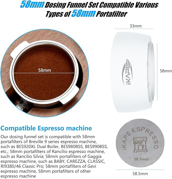 IKAPE Magnetic Dosing Funnel Set, 58MM Espresso Dosing Ring & Puck Screen Kit Compatible with 58MM Bottomless Portafilter - with 10 Small Magnet (White)