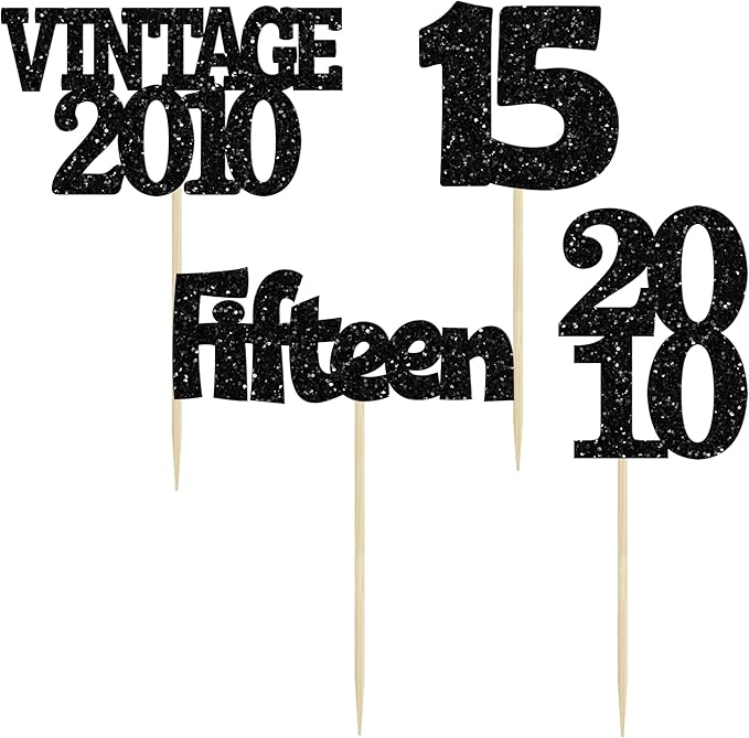 Gyufise 24Pcs 15th Birthday Cupcake Toppers Glitter Fifteen Vintage 2010 Sweet 15 Cupcake Picks Hello 15 Years Birthday Cake Decorations for Happy 15th Anniversary Party Supplies Black