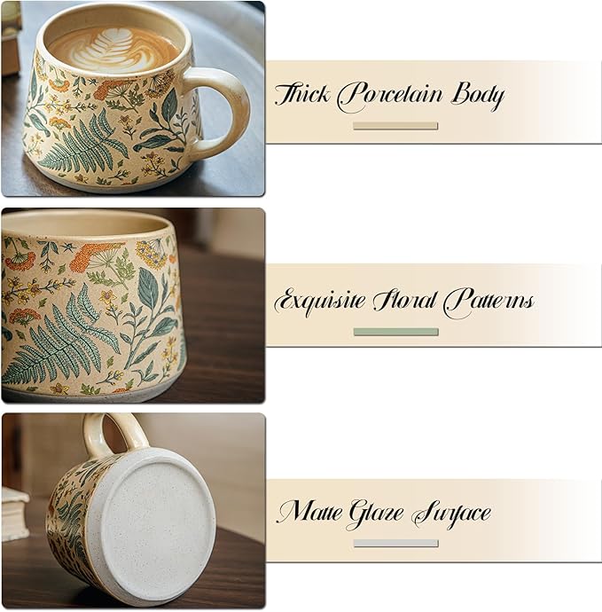 Floral Coffee Cup, 12oz Ceramic Hand Painted Porcelain Mug with Premium Gold Spoon, Cup for Cappuccino, Macchiato, Latte, Cafe, Tea, Unique Gift Idea (Graceful Daisies)