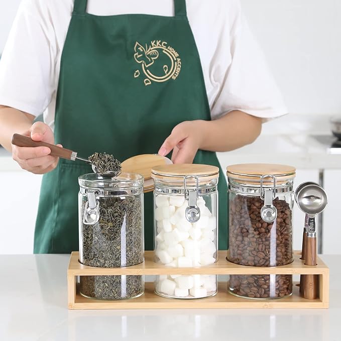 KKC HOME ACCENTS Glass Canisters with Airtight Hinged Lids and Scoops,Sealed Glass Storage Jar Containers for Coffee Beans,Loose Leaf Tea,Sugar,Ground Coffee,Matcha,Bamboo Lid Airtight Jars