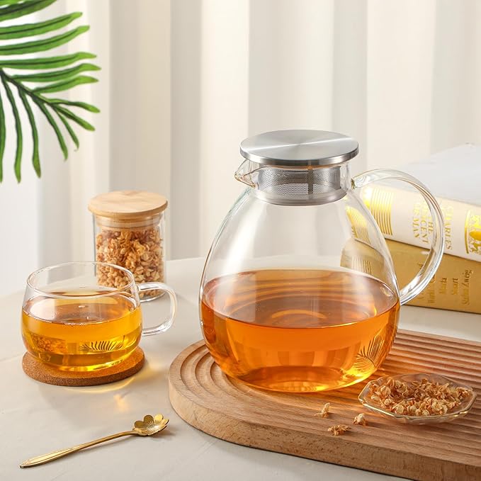 68OZ/2000ML One Touch Glass Teapot with Stainless Steel Filter Lid, Stovetop & Microwave Safe Tea Maker Water Kettle, Strainer & Cover 2 in 1 Loose Leaf Tea Steeper Pot Coffee Carafe