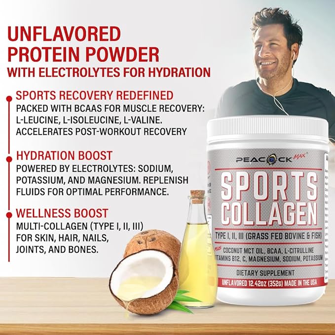 Sports Collagen Powder, 12.42 oz, Pack of 12 - Grass Fed Bovine & Wild Fish Hydrolyzed Type I, II, III Multi Collagen Peptides, Unflavored Protein Powder with Electrolytes