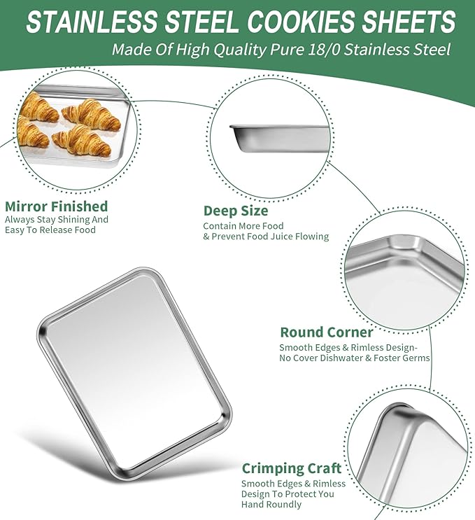 Baking Sheets Set of 2, HKJ Chef Cookie Sheets 2 Pieces Stainless Steel Baking Pans & Toaster Oven Tray Pans, Rectangle Size 9L x 7W x 1H inch & Non Toxic & Healthy & Easy Clean