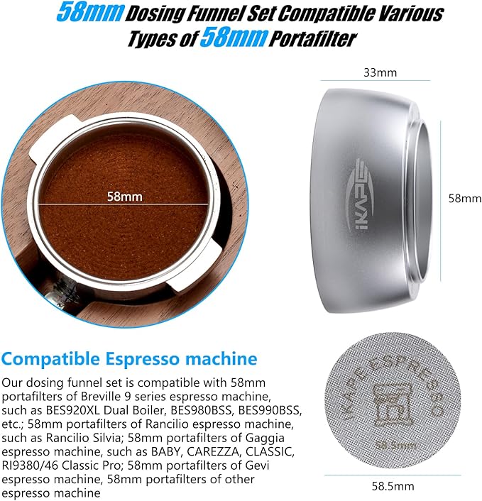 IKAPE Magnetic Dosing Funnel Set, 58MM Espresso Dosing Ring & Puck Screen Kit Compatible with 58MM Bottomless Portafilter - with 10 Small Magnet (Silver)