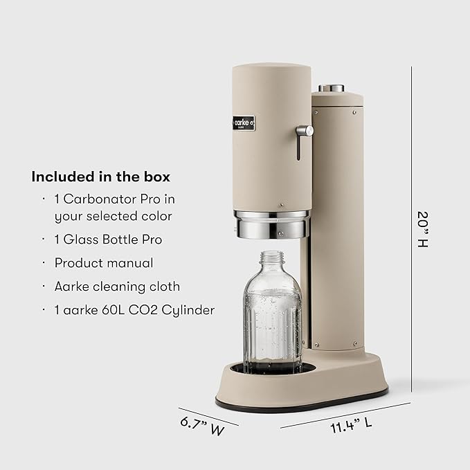 Aarke Carbonator Pro, Sparkling & Carbonation Water Machine, Stainless Steel with Glass Reusable Bottle Volume 800 mL/27 fl oz and CO2 Cylinder (Sand)