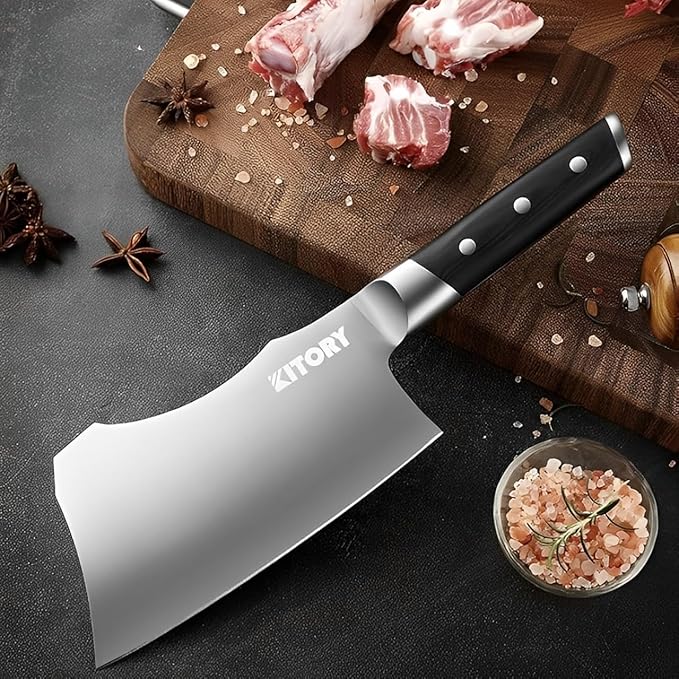 Meat Cleaver with Large Handle - 7 inch Kitchen Bone Chopper,German High Carbon Stainless Steel Chopping Knife with Ergonomic Wodden Handle - for Home Kitchen and Restaurant with Gifts Box