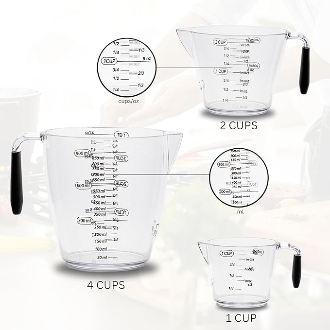 Measuring Cup Set - Clear Plastic Measuring Cups for Liquids Batter Flour Powder - Measuring Cups with Handle & Spout (8/16/32) oz