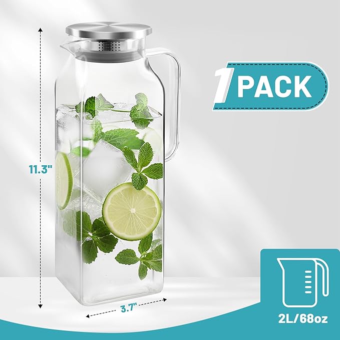 68 Oz Square Glass Pitcher with Lid and Spout, 2 Quart Lightweight Water Pitchers for Hot/Cold Drink, Heat Resistant, Borosilicate Jugs, Glass Carafe with Handle,Ideal for Fridge Storage(1Pack)