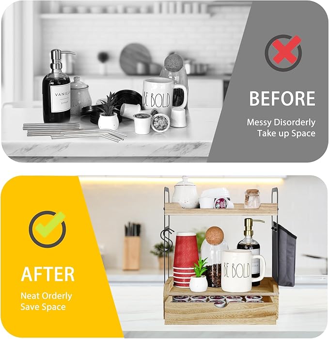 Coffee Station Organizer for Counter, Condiment Storage Caddy for Kitchen with Hooks and Bag,2 Tier Wooden Shelf for Coffee Bar Accessories,Coffee Bar Organizer for Kitchen, Home, Office-Brown