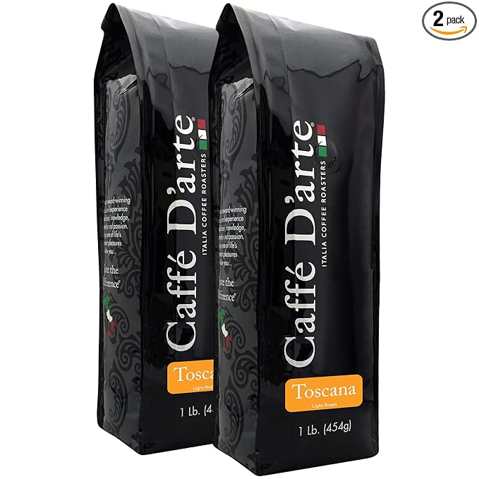 Caffé D'arte Toscana Ground Coffee – Medium Light Roast, Light & Sweet Flavor with Cocoa Notes – Fresh Roasted in Seattle, Crafted for Drip Coffee Makers – 1 lb Bag, Pack of 2