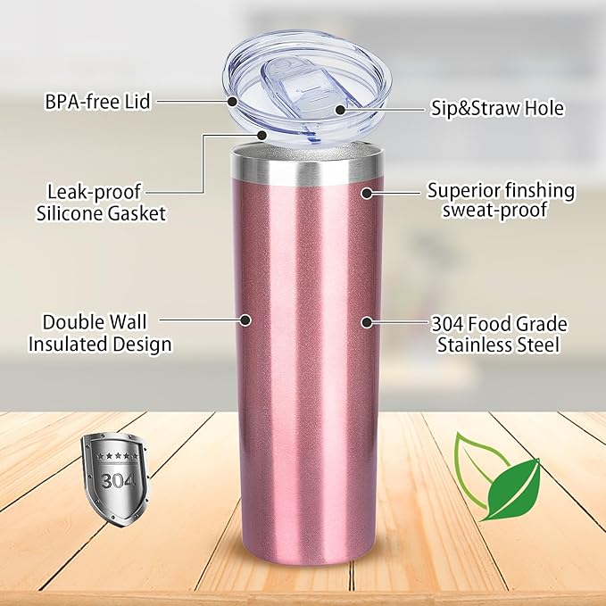 20 oz Skinny Tumblers with Lid and Straw,Stainless Steel Vacuum Insulated Tumbler Cup Double Wall Travel Coffee Mug, Thermal Water Tumbler for Hot and Cold Drinks(Rose Gold,8)
