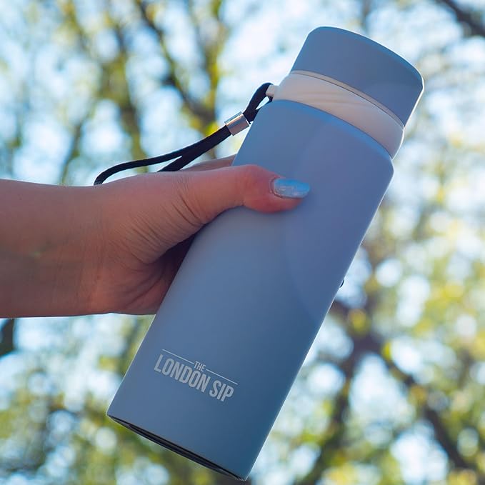 London Sip 25 oz Multi-Purpose Tea Infuser Mug – Fruit Infuser Water Bottle for Hot and Cold – Double Wall Stainless Steel Insulated, Blue Sunrise
