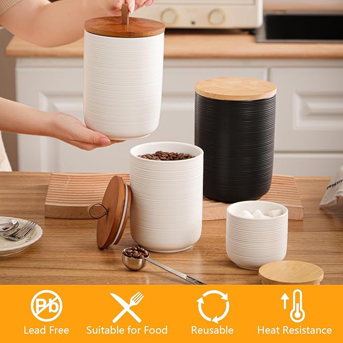 Food Storage Jar Strong Ceramic Storage Canisters with Airtight Wooden Lid,Kitchen Storage Containers for Serving Coffee Beans, Tea, Sugar, Salt, Spices (Little white)
