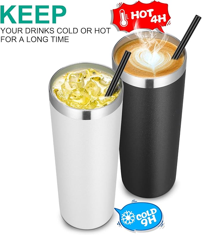 VEGOND Stainless Steel Tumblers Bulk 8 Pack, 20 oz Vacuum Insulated Skinny Tumblers with Lid and Straw, Double Wall Coffee Mug, Travel Water Cup, Black