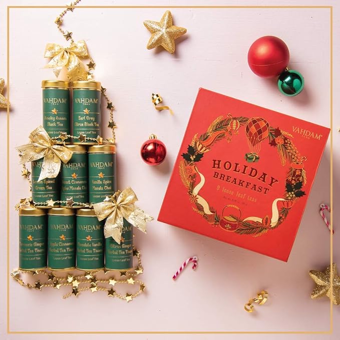 VAHDAM, Holiday Breakfast - Christmas Tea Gift Sets (90+ Cups) 9 Loose Leaf Tea - Luxury Gift Box | Christmas gifts 2024 Ideas | Christmas Gifts For Women, Men & Adults I Holiday Tea Gift Box