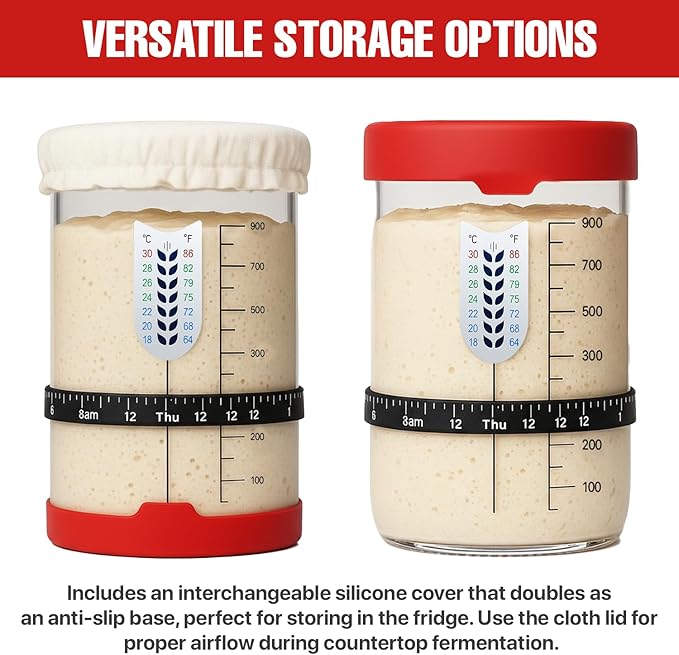 Sourdough Starter Kit, 34 Oz Sourdough Jar with Measuring Cup, Thermometer, Spatula, Dough Scraper, Bread Lame, Silicone Base & Cloth Cover, Feeding Band, Bread Baking Supplies for Bakers (34 Oz)