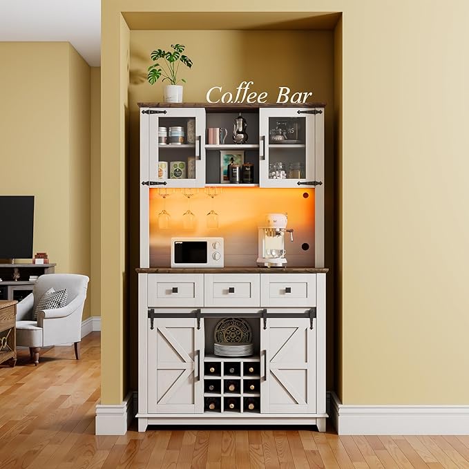 72" Coffee Bar Wine Cabinet with Sliding Barn Door & LED Lights, Sideboard Buffet Cabinet with Wine Bottle Rack, 3 Drawers, Storage Cabinet for Kitchen, Dining Room, White