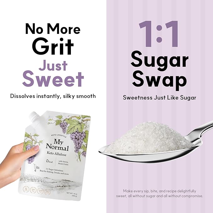 My Normal Keto Powdered Allulose 16oz - Allulose, Monk Fruit & Stevia Blend, 99.8% Allulose, 1:1 Sugar Substitute, Non GMO, Gluten Free, Zero Calorie Sweetener - 0g Net Carb, No Sugar
