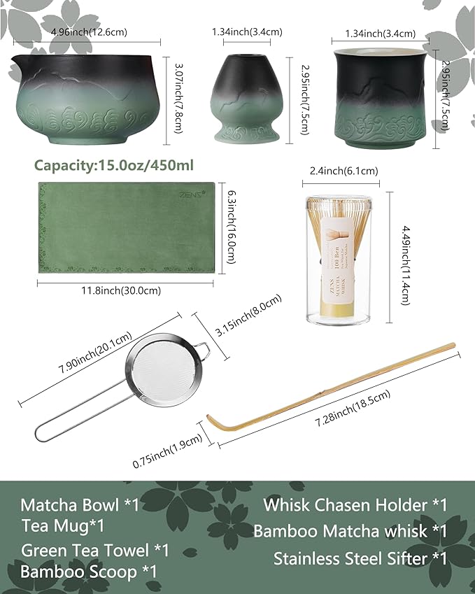 ZENS Matcha Whisk Set, 7pcs Matcha Kit Set with Ceramic Bowl and Matcha Cup, Bamboo Whisk & (Chasen Holder) Sifter, Scoop -Tea Towel, Japanese Chawan for Matcha-Making, Sage Green