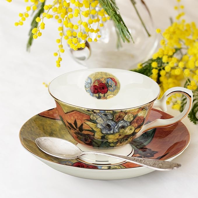 Floral Tea Cups Saucers Set of 2, Van Gogh Paintings Bone China 7 oz British Teacups Porcelain Tea Cups Coffee for Rose Teacups Cappuccino Espresso Latte (White Roses & Flowers Vase)