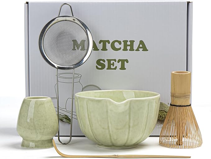 Matcha Whisk Set, Matcha Bowl with Spout, Matcha Whisk, Chasen Holder, Sifter, Bamboo Scoop - 5 Pcs Perfect Matcha Making Kit for Matcha Lover and Tea Ceremony (Speckled Green)