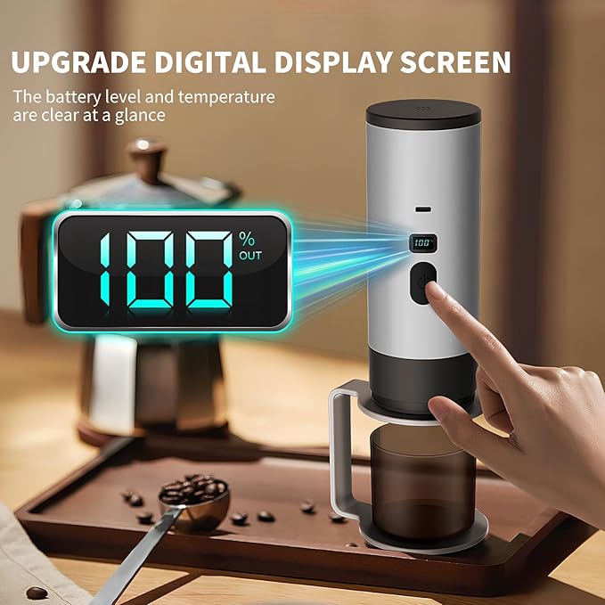 3-in-1 Portable Coffee Maker, Espresso Machine, Self-Heating Travel Coffee Maker Compatible with NS, DG Pods & Ground Coffee, Small Mini Espresso Machine for Car Camping, Hiking With Stand (grey)