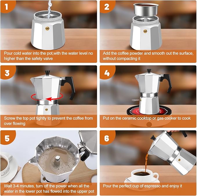 6 Cup Aluminum Espresso Stovetop Moka Pot Express Coffee Maker Percolator Italian Classic Mocha Coffee Machine for Italian and Cuban Cafe Brewing for Home & Camping 300ml 10oz