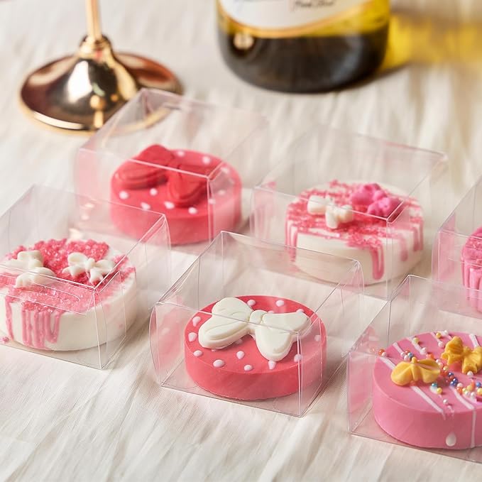 100pcs Clear Single Chocolate Covered Cookies Macaron Box for Wedding Favors Baby Shower 2.17"×2.17"×1.38" Inch, Party Favor Box with Ribbons for Candy Chocolate Mooncake