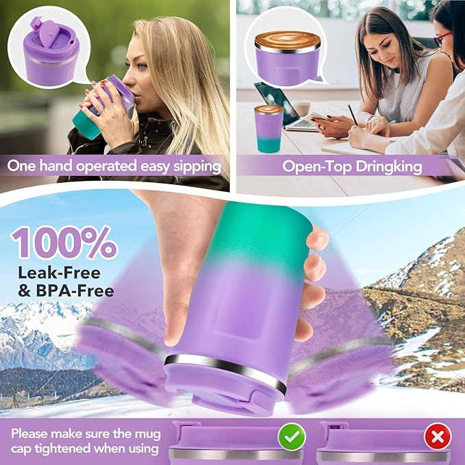 Volhoply 12 oz Double Wall Insulated Vacuum Travel Coffee Mug with Flip Lid Bulk 4 Pack,Reusable Stainless Steel Leak Proof Coffee Cup,Portable Thermal Tumbler for Hot&Cold Drinks(Purple Green,4 Set)