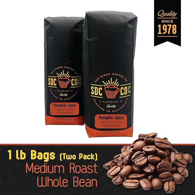 San Diego Coffee Pumpkin Spice, Medium Roast, Whole Bean Coffee, 16-Ounce Bags (Pack of 2) Café en grano tostado
