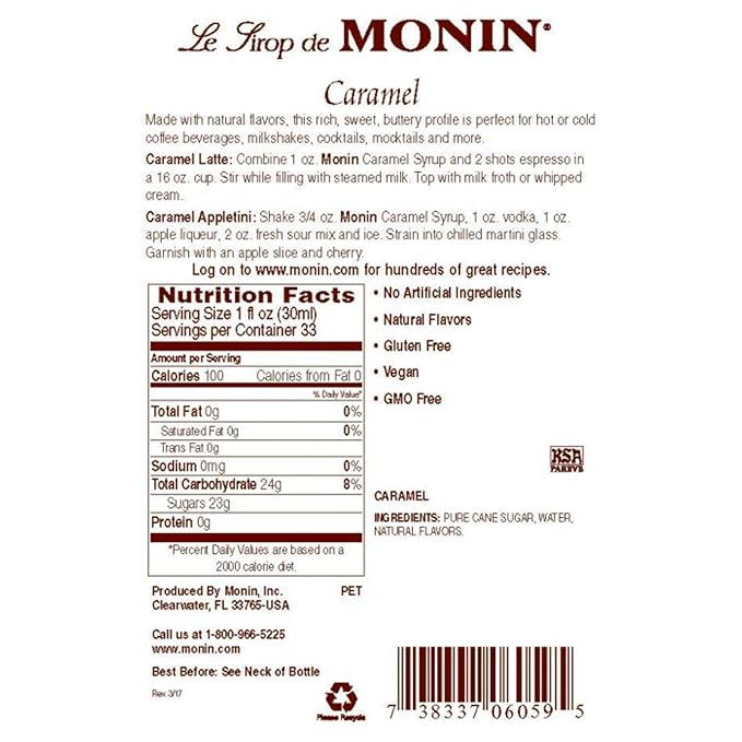 Monin - Caramel Syrup, Rich and Buttery, Great for Desserts, Coffee, and Cocktails, Gluten-Free, Non-GMO (750 ml)