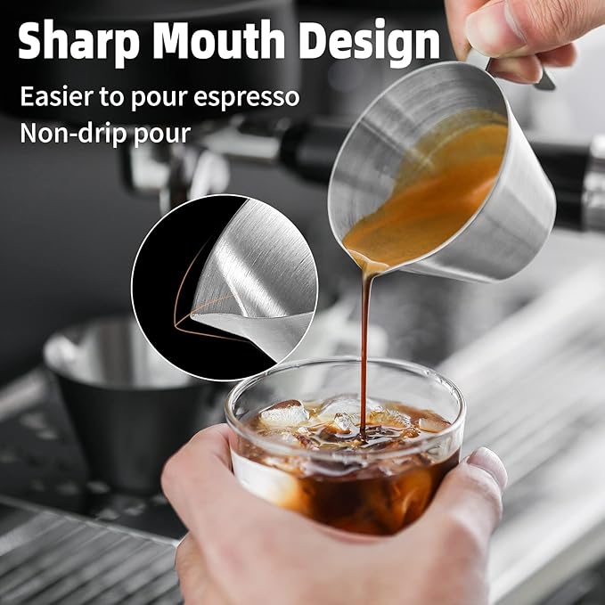 MHW-3BOMBER Espresso Shot Cups with Handle Espresso Measuring Cup Dishwasher Safe 2 Pack Stainless Steel Pouring Cup for Tomato Sauce|Steak Sauce|Dessert|Beverage (Matte Glossy) G6196-OS