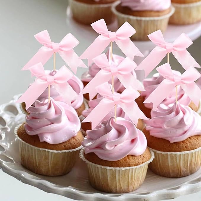 Pink Bow Cupcake Toppers,12 PCS Pink Birthday Decoration,Bow Themed Party Decorations Coquette Birthday Cake Decoration for Bachelorette Bridal Engagement Wedding Baby Shower Party Decor