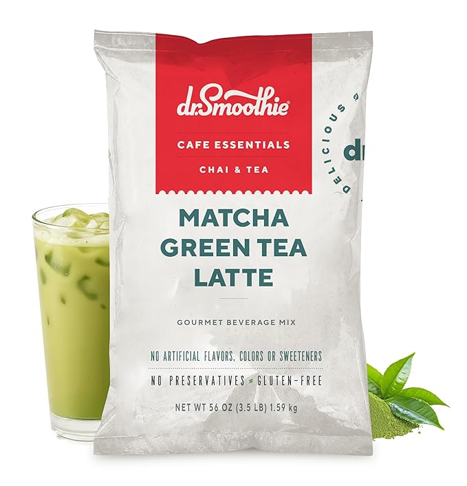 Dr. Smoothie Café Essentials Matcha Green Tea Latte – No Artificial Colors, Flavors, or Sweeteners – Shelf Stable – 51mg of Caffeine – Great for Hot, Iced, & Frozen Frappes (3.5 lb Bag, 30 Servings)