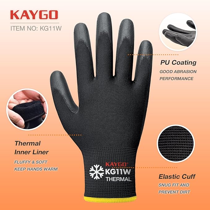 KAYGO Winter Work Gloves for Men and Women, 12 Pairs Thermal Insulated Safety Work Gloves PU Coated, Smooth Grip on Palm & Fingers,Ideal for Freezer Work,Black,M