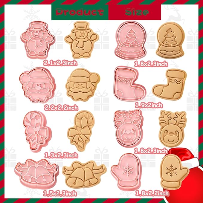 8 Piece Christmas Cookie Cutters, 3d Raised Design Gingerbread Cookie Stamps, Cookie Cutter Set suitable for Frosting Decoration, Mini Pie Molds, Apple Pie Pastry Biscuit Cutter (Christmas-D)